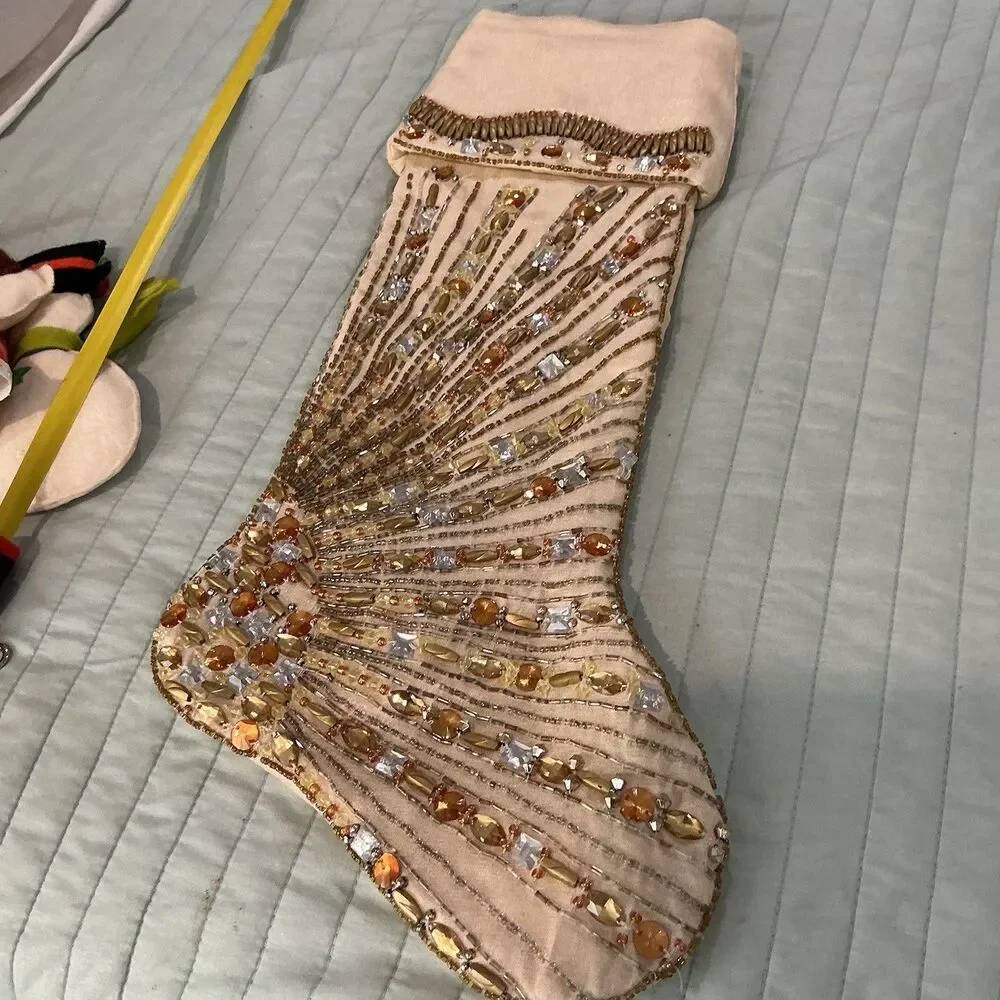 Kim Seybert Living Beaded Christmas Stocking Ivory Gold Jeweled Holiday 20”